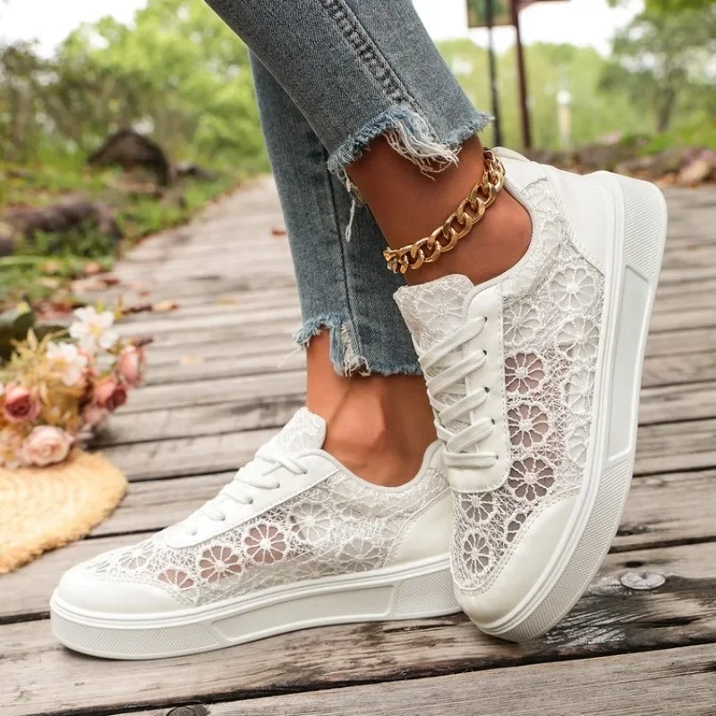 Zapatillas Deportivas de Mujer con Cordones y Encaje Floral, Transpirables, de Malla, Plataforma, Color Blanco