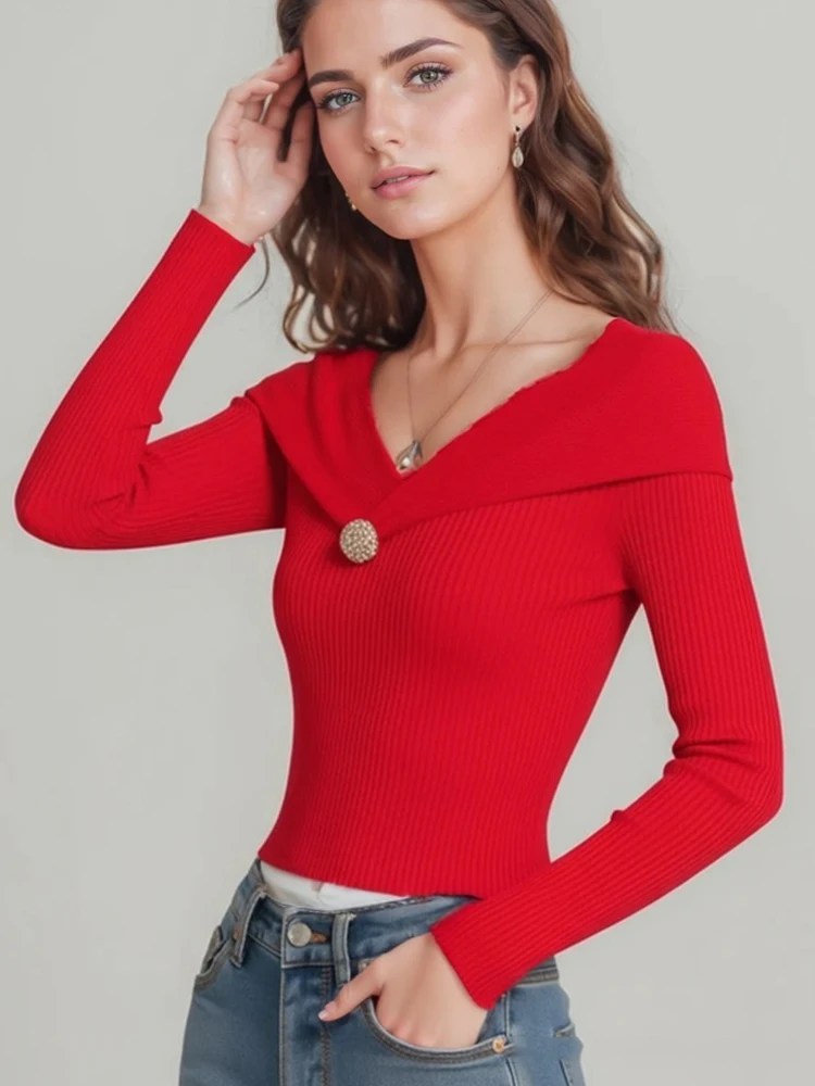 Elegant Long Sleeve Pullover V-neck Sweater Women New Fashion Knitted Slim Fit Fall Jumper Casual Solid Color Knitwear Short Top