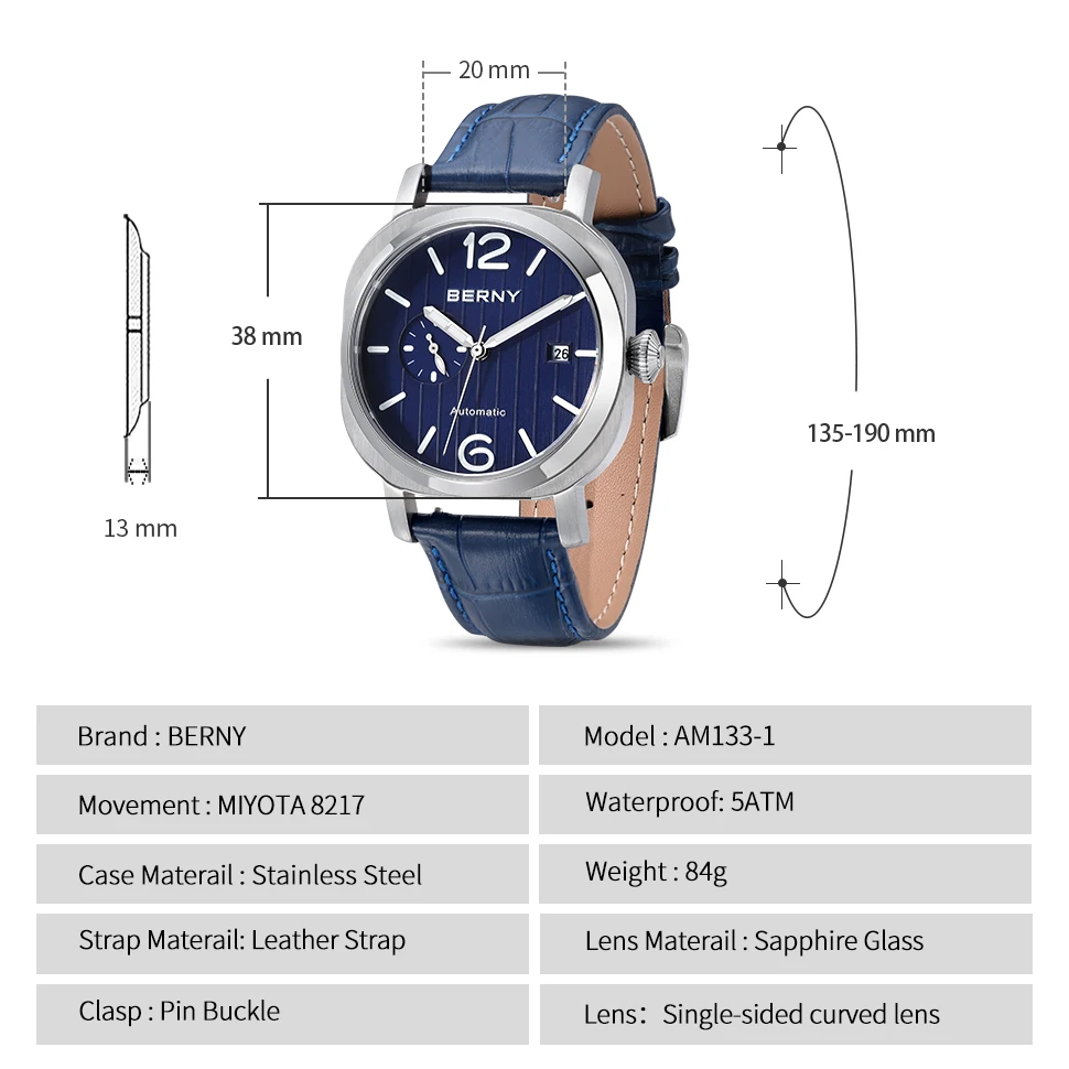 BERNY MIYOTA 8217 Automatic Watch for Men Mechanical Wristwatch Luminous 5ATM Waterproof 24 Hour Sapphire Sausage Dial Watch Men