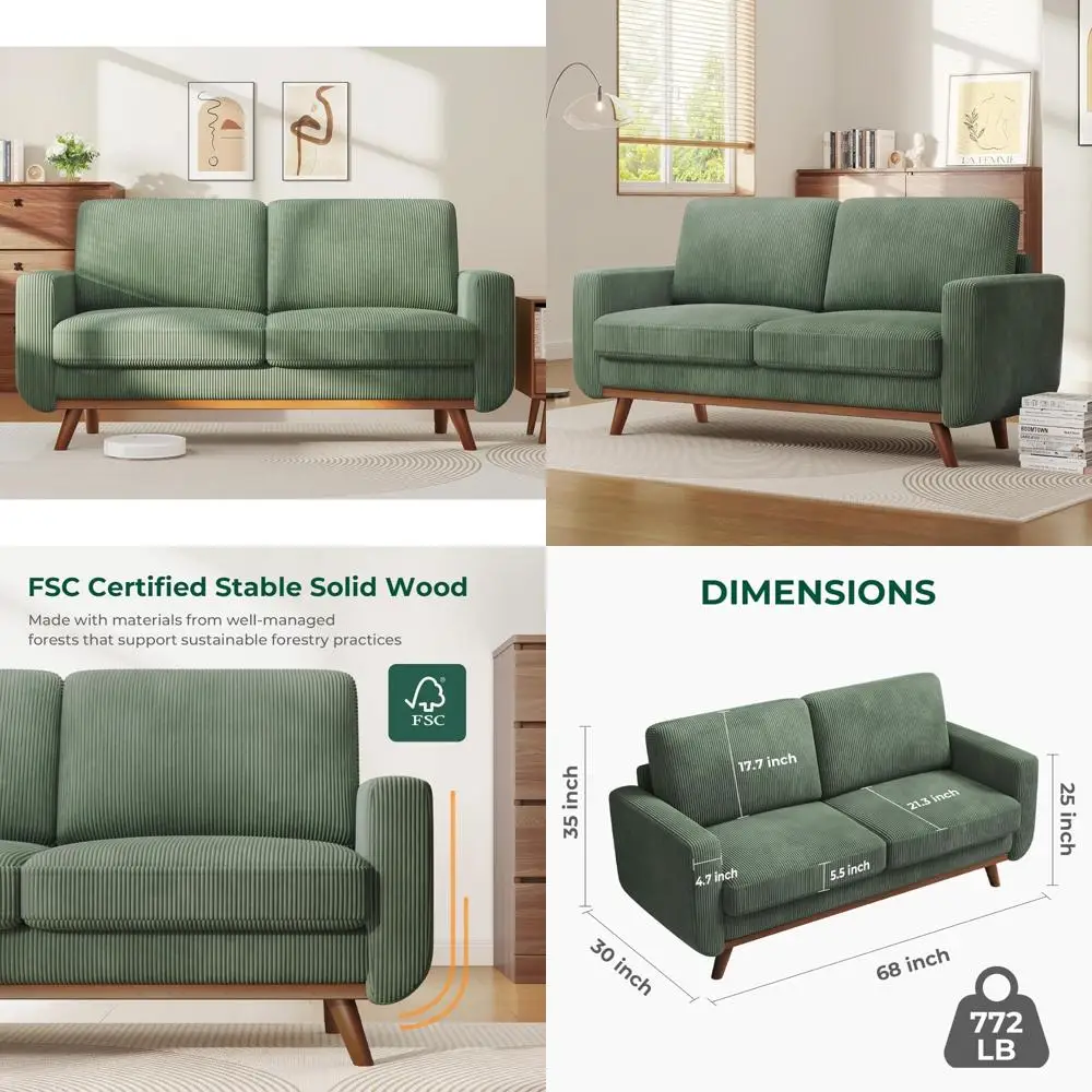 

Green Corduroy Loveseat Sofa with Spring Cushion, Deep Seat, Solid Wood Frame, Ideal for Bedroom and Living Room