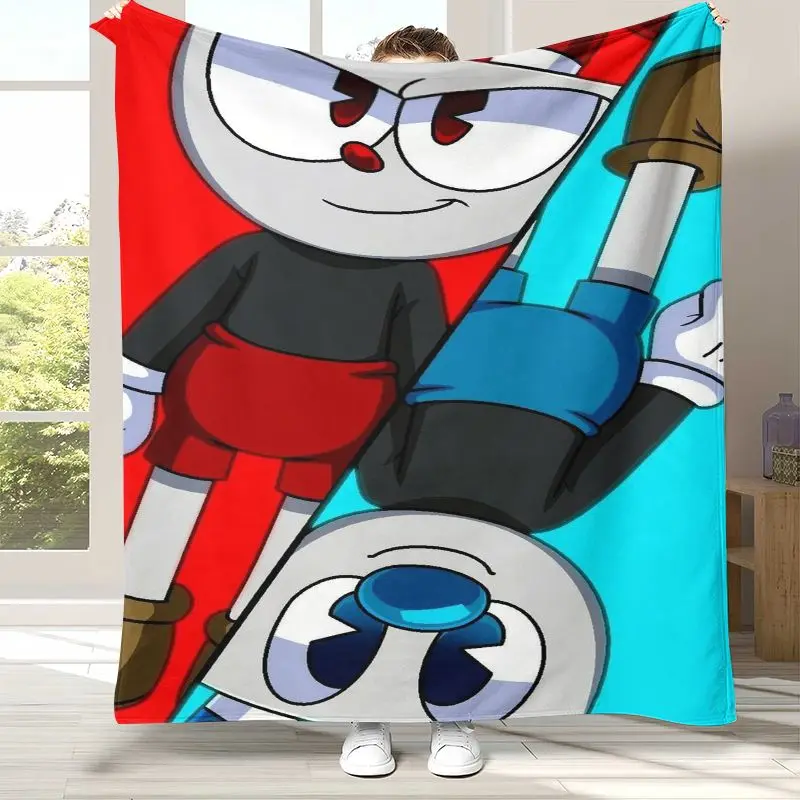 Retro Game Cuphead Mugman Cartoon Flannel Blanket,Ultra Soft Warm Plush Throw for Home Bedroom Bed Sofa Cover Office Picnic gift
