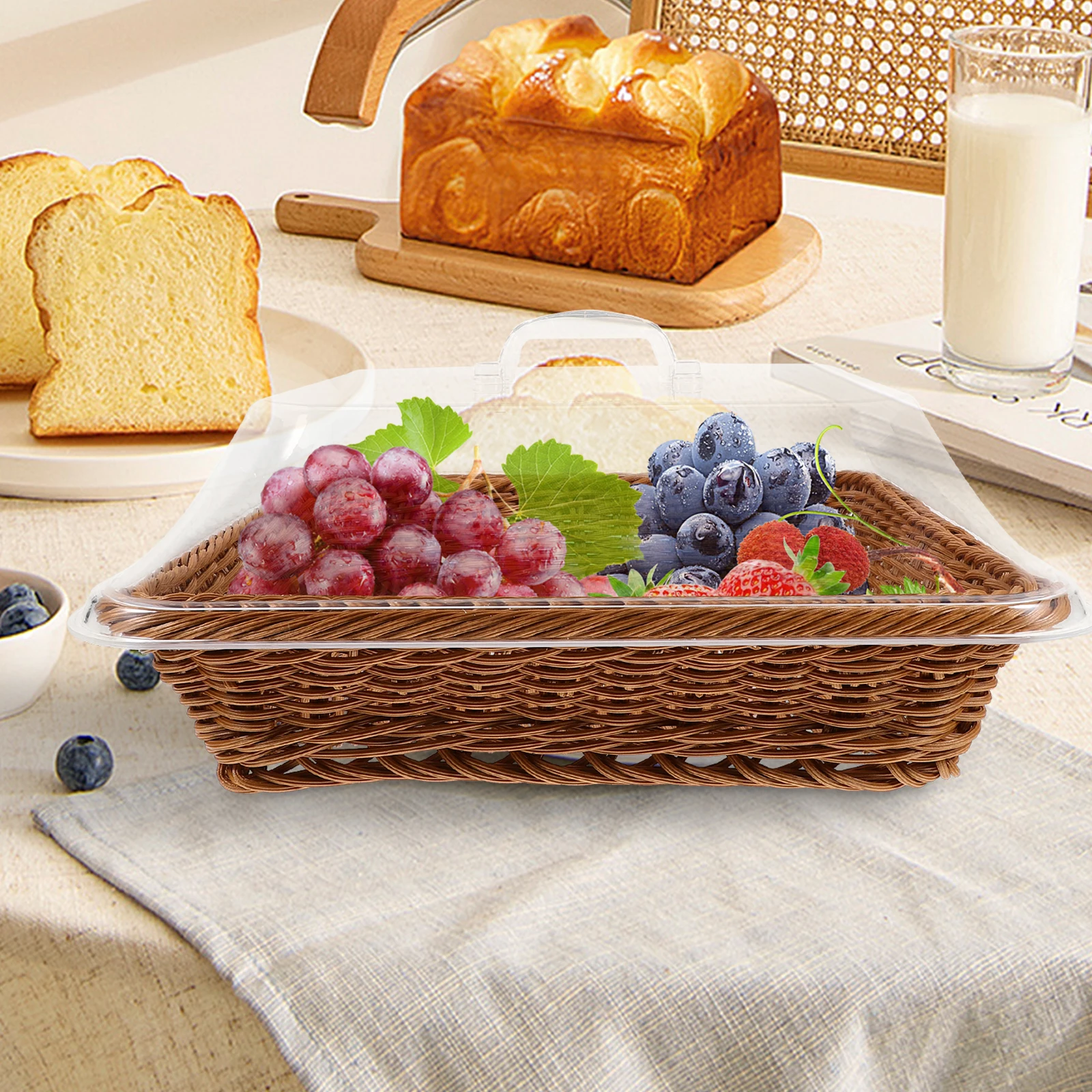 

Bread Basket 36cm Oval Teacolor Transparent Lid Storage Tray Food Serving Cake Fruit Snack Dessert Preservation Woven Basket