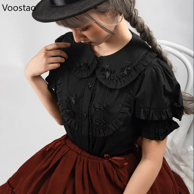 Japanese Gothic Y2k Lolita Blouses Women Vintage Cute Ruffles Peter Pan Collar JK Shirts Girls Sweet Kawaii Blusas Mujer Tops