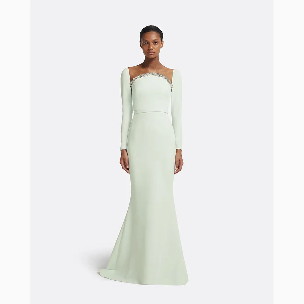 Simple Evening Dresses Square Neck Long Sleeves Prom Gowns Crystal Mermaid Floor Length Evening Dress Customized 2026