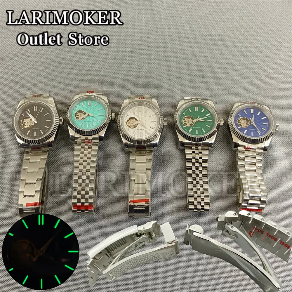 LARIMOKER 36mm/39mm NH38 Black blue green silver Dial Automatic Men Watch Waterproof Screw Crown Brush Strap Green Luminous