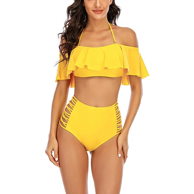 2024 New Sexy Open Shoulder Women Swimwear Solid Plus Size Swimsuit Tankini Ruffles High Waist Bikini Set Bathing Suit Mujer 5XL