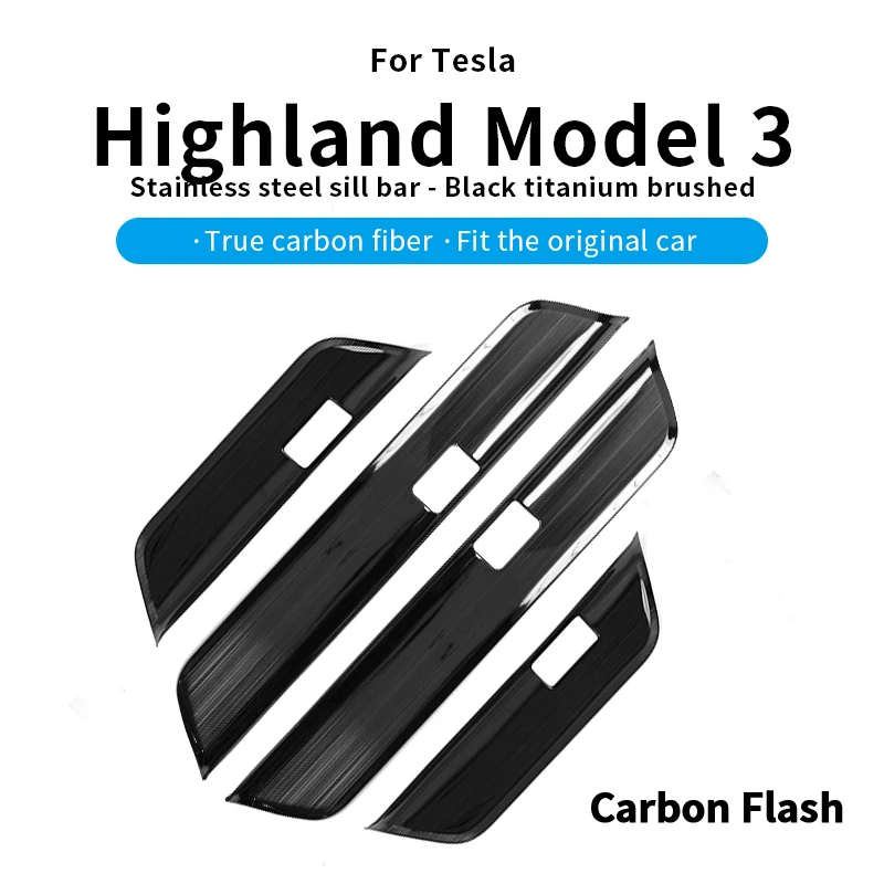 Black Titanium Brushed Stainless Steel Door Sill Strip for Tesla 2024-2026 New Model 3 – Threshold Protector Trim