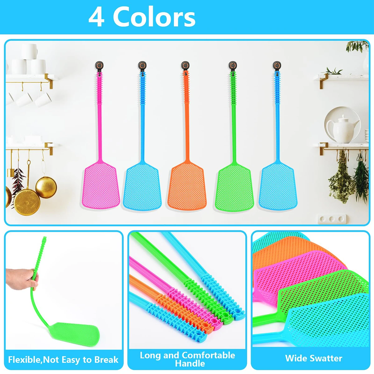 Plastic Fly Swatter For Household Use, Thick And Extended Handle, Large Size, Manual, Durable Fly And Mosquito Swatter