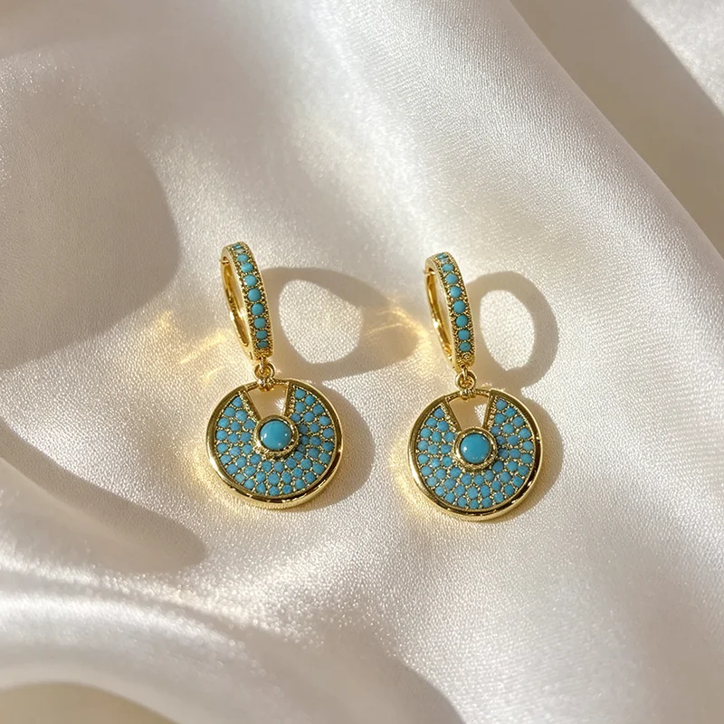 Boho Türkis Eingelegte Runde Scheiben-Ohrhänger für Damen, 18K Vergoldete Tropfen-Ohrringe, Modischer Partyschmuck, Geschenk für Frauen – Detail 3