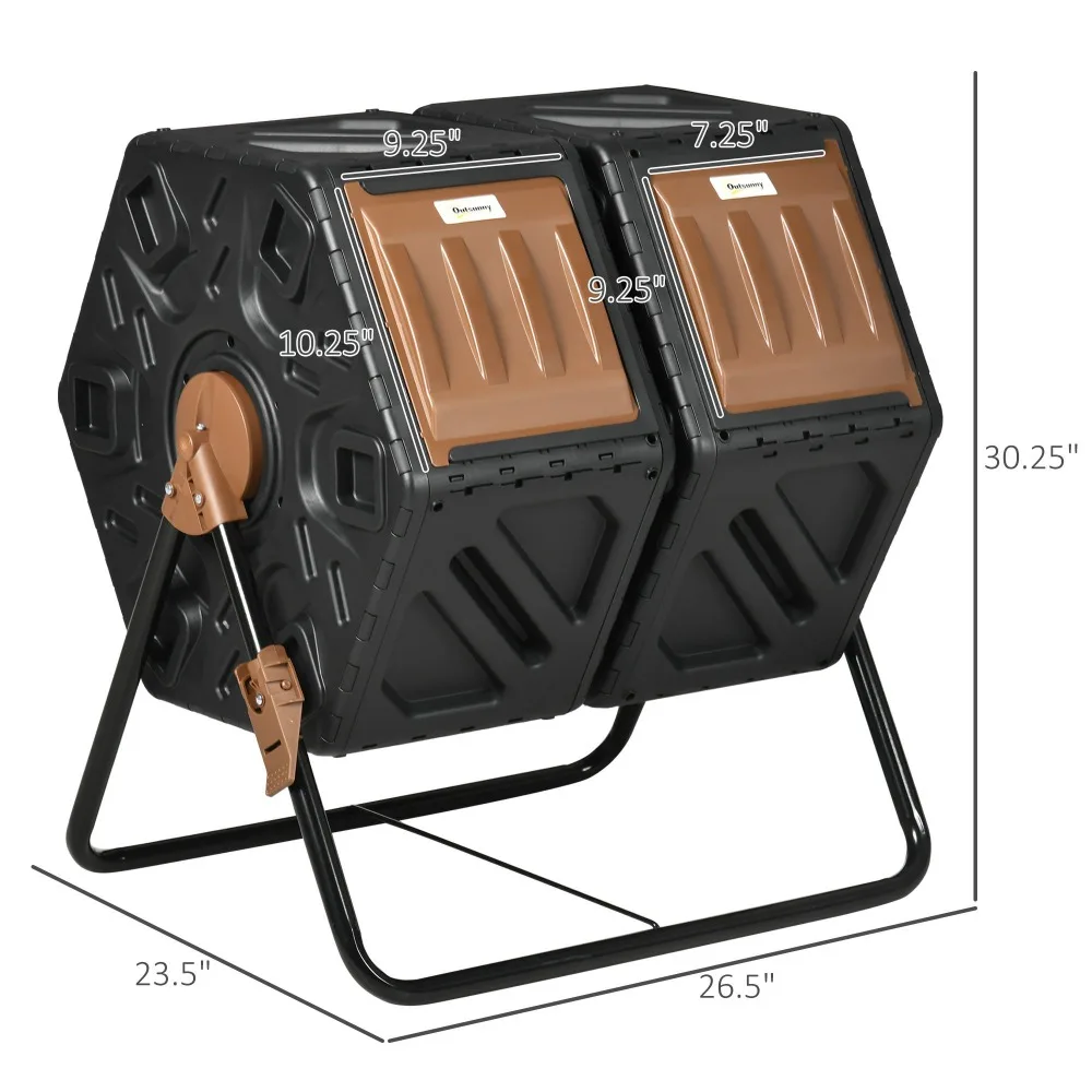 Dual Chamber Compost Tumbler Bin, Outdoor Tumbling Composter with 24 Ventilation Openings and Steel Legs, 34.5 Gallon，Large capacity composting bucket, outdoor garden and kitchen waste, aerobic fermentation box, anti-corrosion composting machine