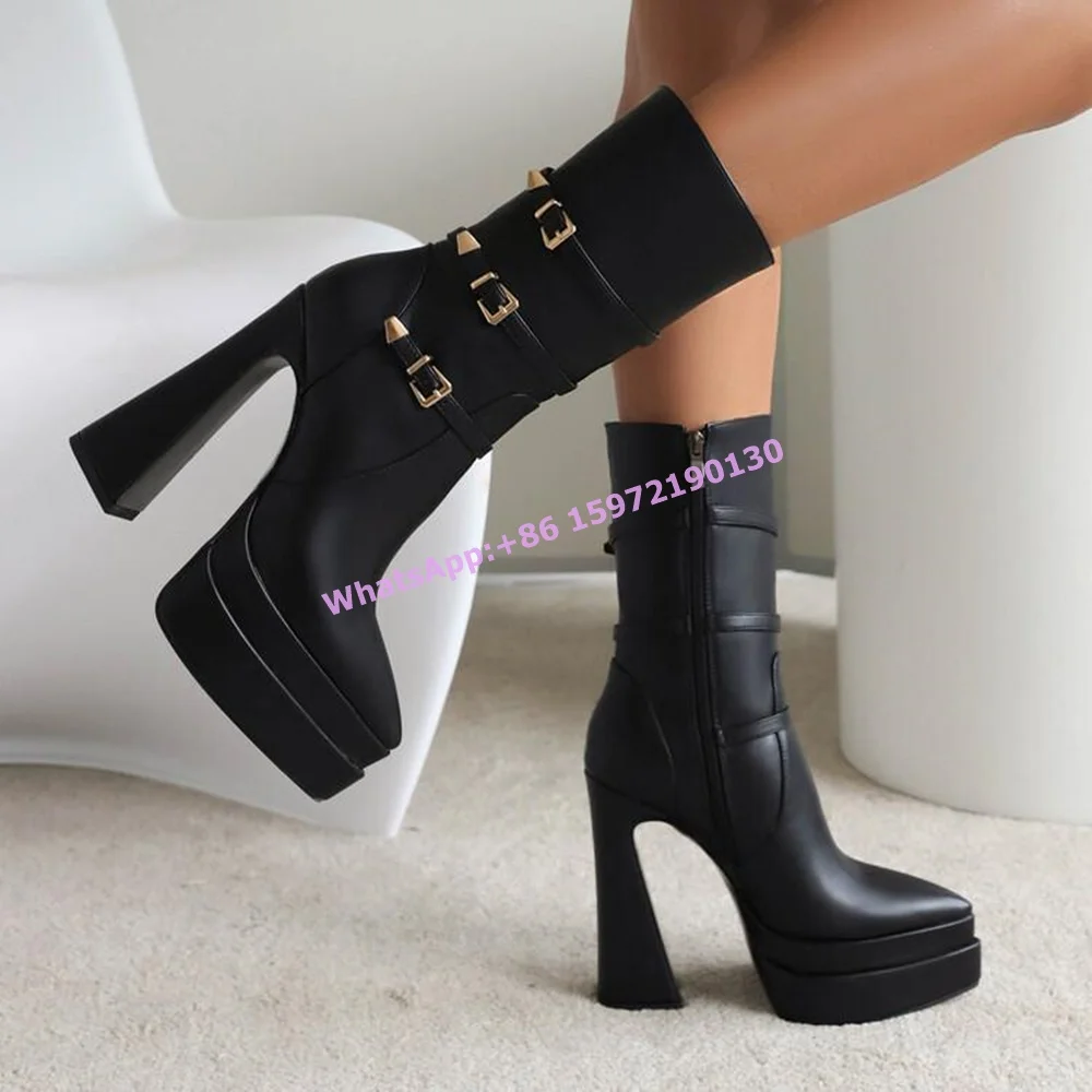 

Solid Buckle Belt Boots Side Zip Strange Style Heels Platform Sexy Runway Mid Calf Boots Black White British Style Winter Shoes