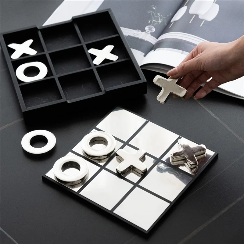 Indian light luxury pure handmade black and silver chessboard ornament,  tic-tac-toe board minimalist creative