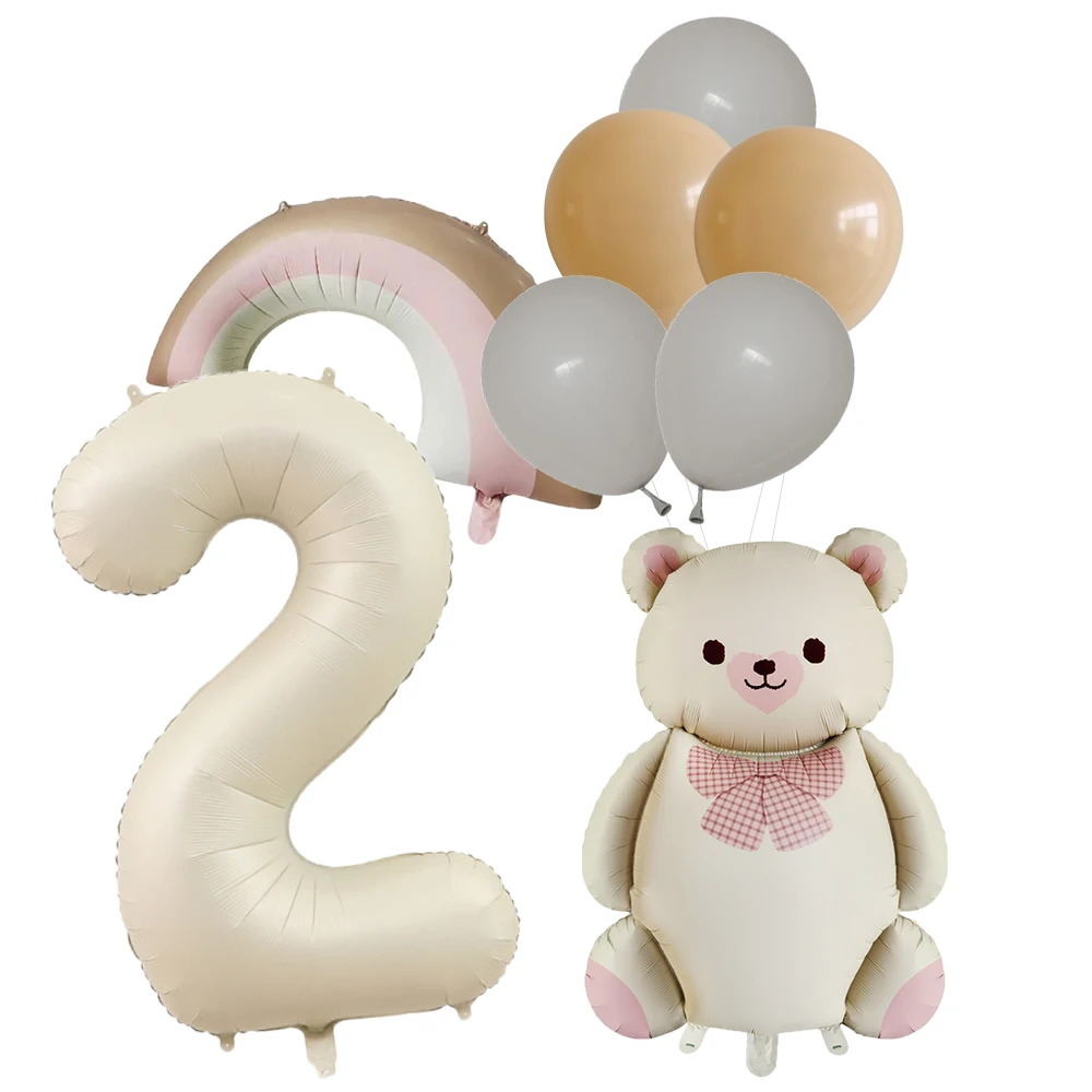 10pcs Cream Color Number Bear Rainbow Foil Balloon 2th Happy Birthday Party Decorations Kids Girl Boy 2nd 2 Anniversary Supplies