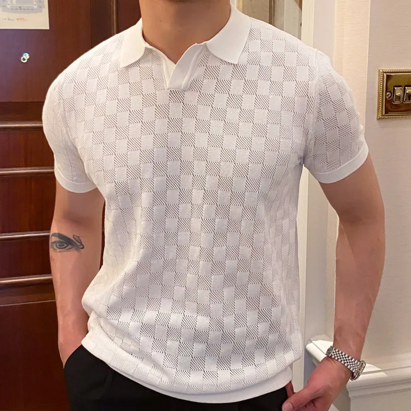 Summer Men Jacquard Plaid Short Sleeve Polo Shirt Casual Lapel T-shirt High Quality Contrast Color Tee Tops Business Men Orange