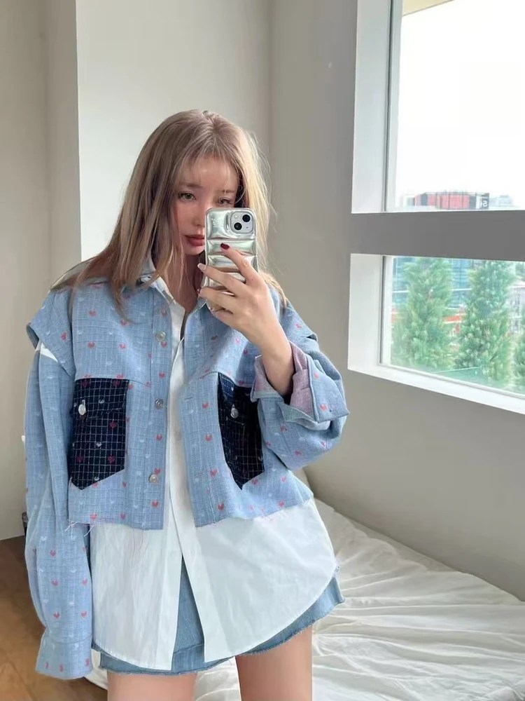 

Retro Heart aped Denim Set for Women Color Blo Patchwork ort Vest Loose Long Sve White irt Layered Two Piece Set