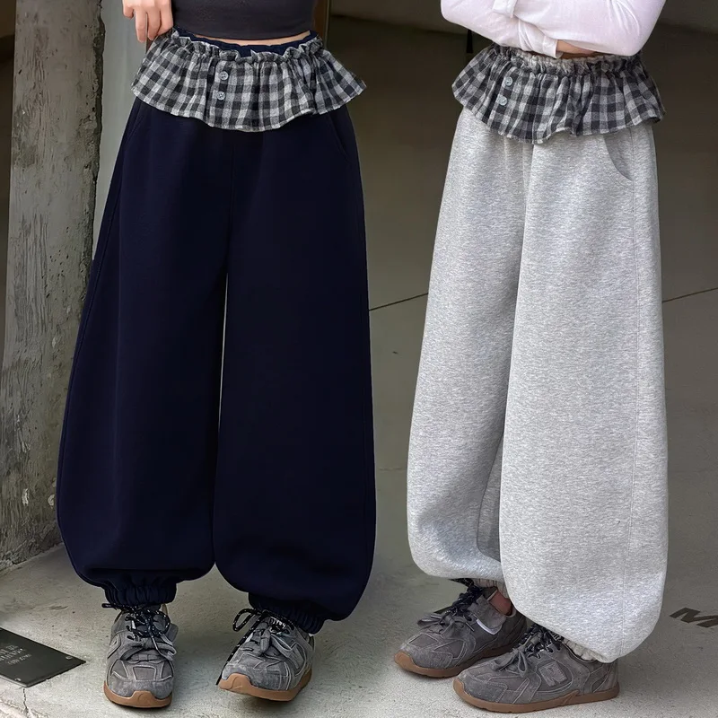 New Autumn Children Casual Pants for Girls Slim Fit Loose Sports Trousers Kids Teen Elegant Sweatpants with Waist Ruffle Design