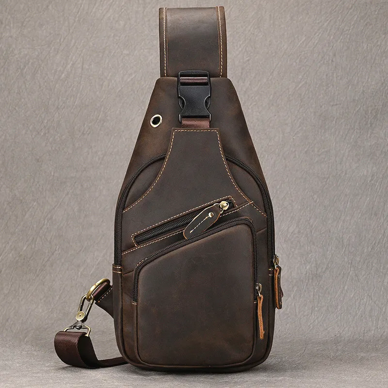 

Vintage Style Crazy Leather Crossbody Chest Bag for Men Outdoor Casual Single Shoulder Bag with Phone Pocket Zipper Clo...