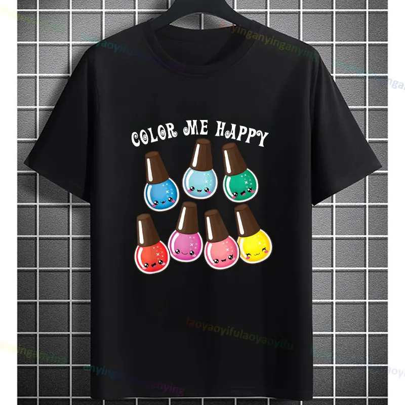 

Women's Funny Color Me Happy Cute Kawaii Face Nail Polish Graphic T-shirt Pure Cotton Short-sleeve Round Neck Casual Tee
