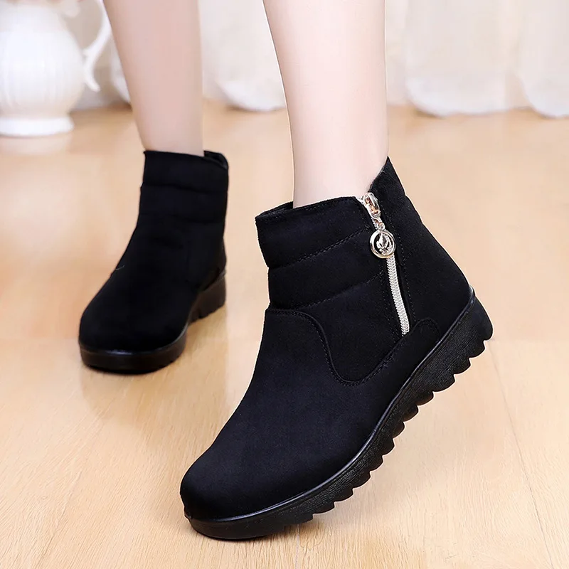 Women Side Zip Snow Boots Winter Solid Colour Warm Mother Thickened Cotton Shoes Soft Bottom Non-slip Flats Botas De Nieve