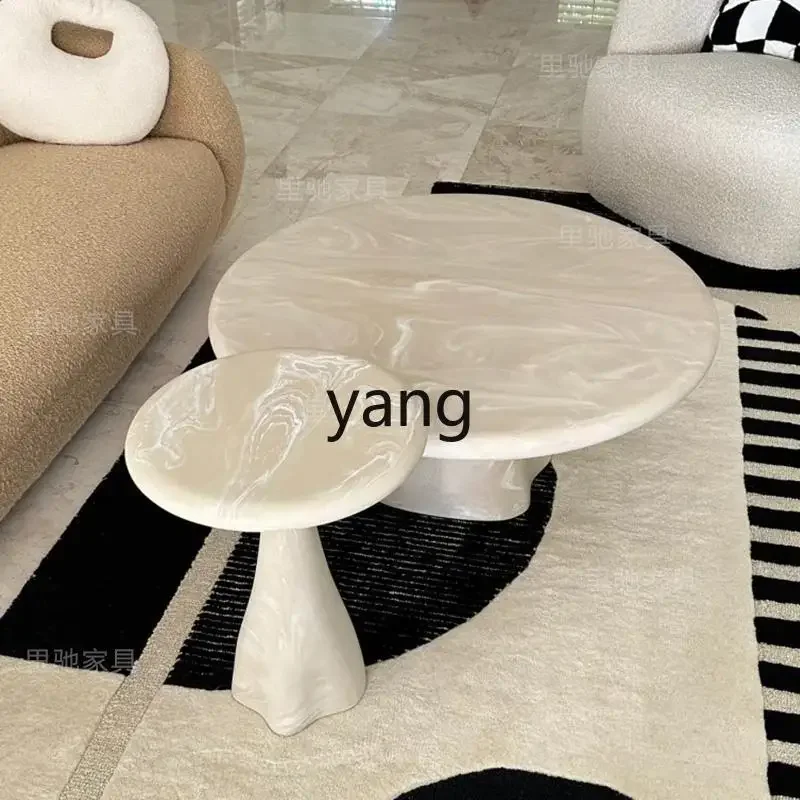 LH Cream Style Glass Fiber Resin Living Room Household Marble Round Coffee Table