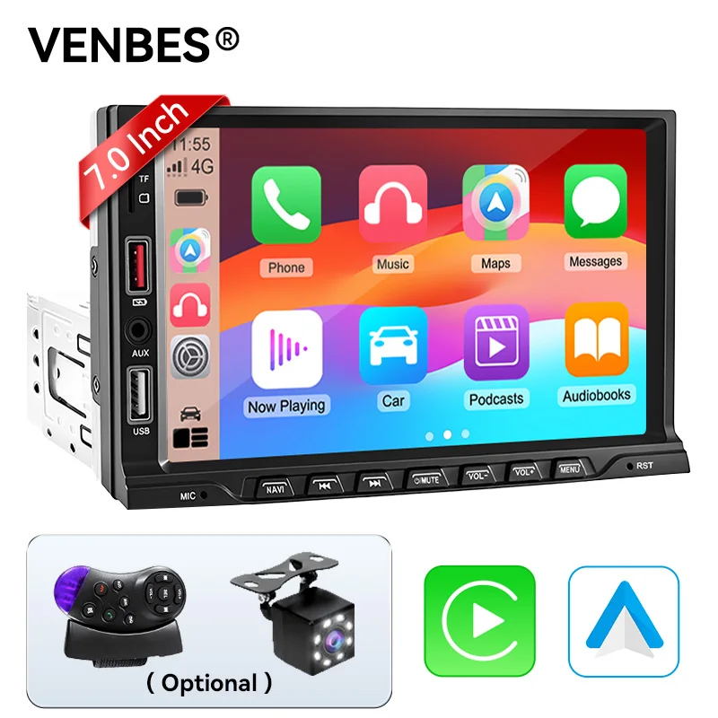 

Автомобильный радиоприемник VENBES Carplay/Android Auto Mirror Link 1 DIN 7-дюймовый сенсорный экран Bluetooth FM USB