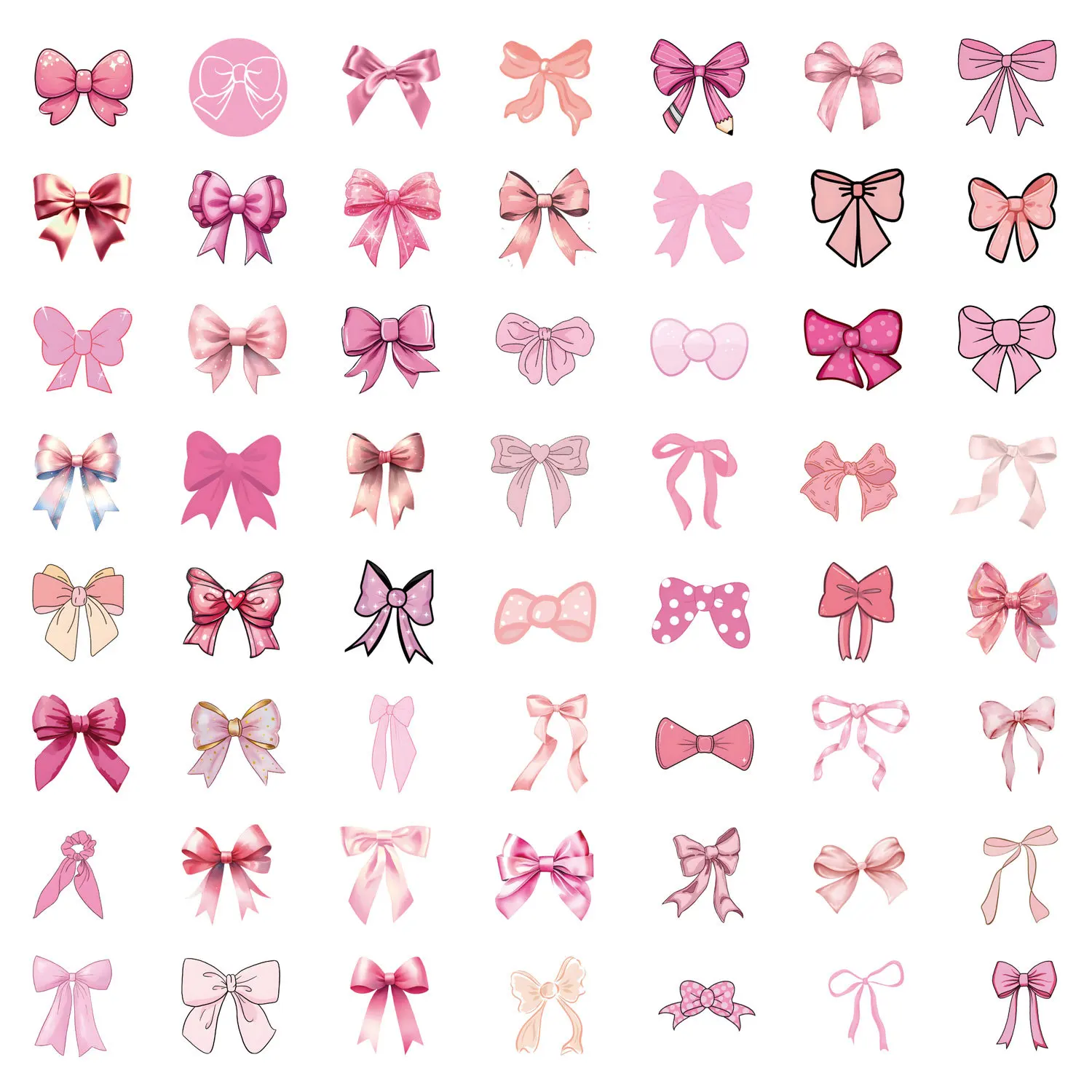 55Pcs  Cute Pink Coquette Bows Stickers Pink Bows DIY Stickers Scrapbooking Phone Luggage Skateboard Waterproof Graffiti Decals