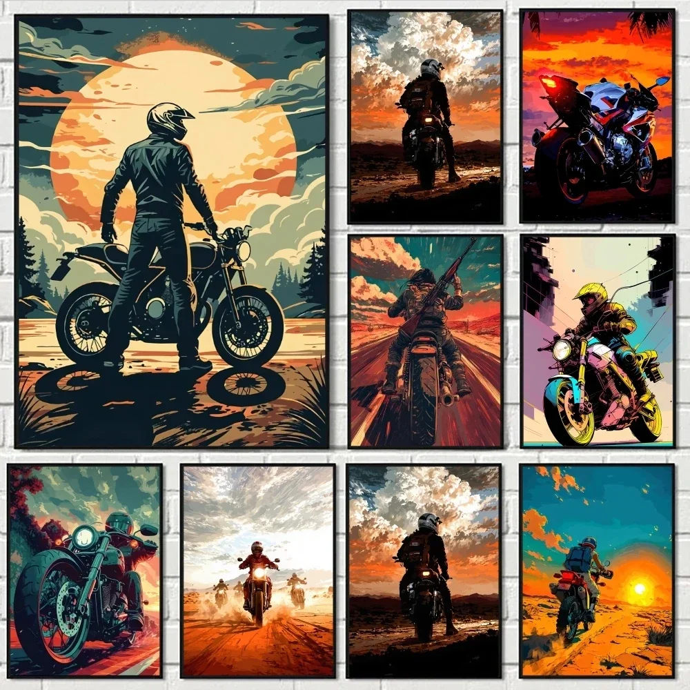 Motorcycle Rider at Sunset Painting Calligraphy Eco-Friendly Cotton Canvas Poster  Waterproof Wall Art for Home Decor Gift