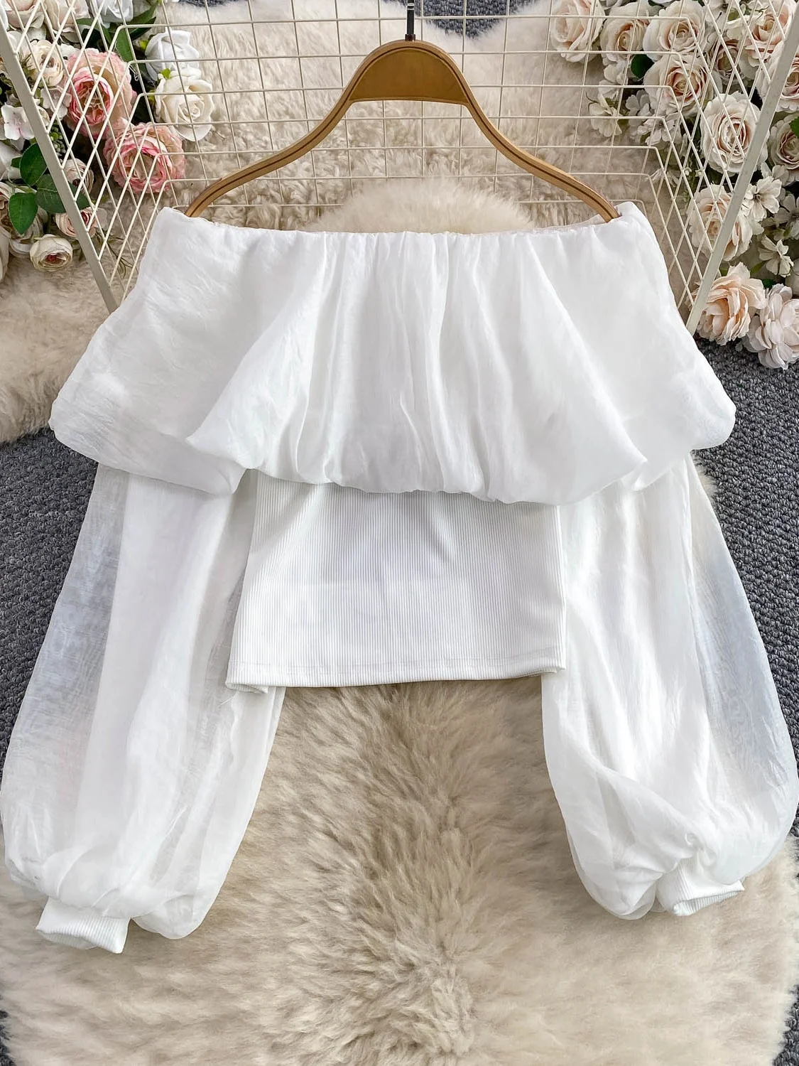 بلوزة شيفون أنيقة قصيرة بأكمام فانوس ورباطات على الكتف، بتصميم متماسك من الدانتيل، مثالية لفصلي الربيع والخريف، بلوزة نسائية ...