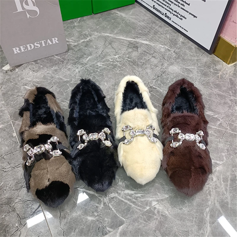 Green Women Winter Warm Flats Real Mink Fur Slip-on Loafers Casual Espadrilles Female Walking Shoes Crystal Platform Moccasins