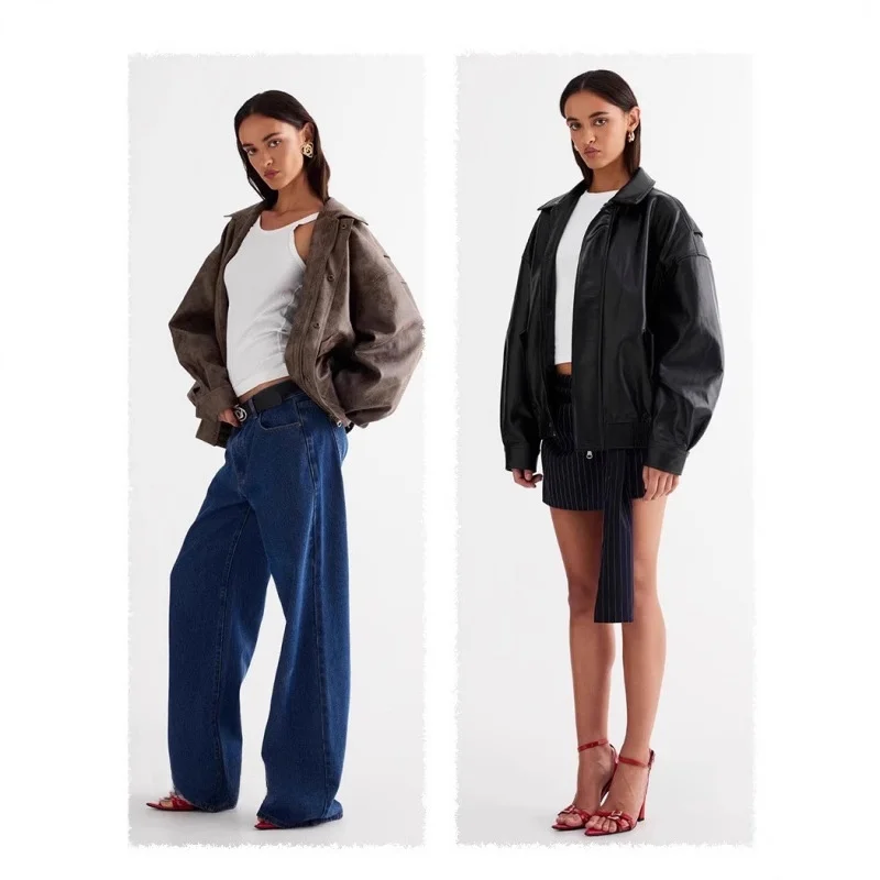 Lion femmes ample pilote Jaet daim cuir gilet américain rétro marron Long Sve manteau doux Sle longueur régulière