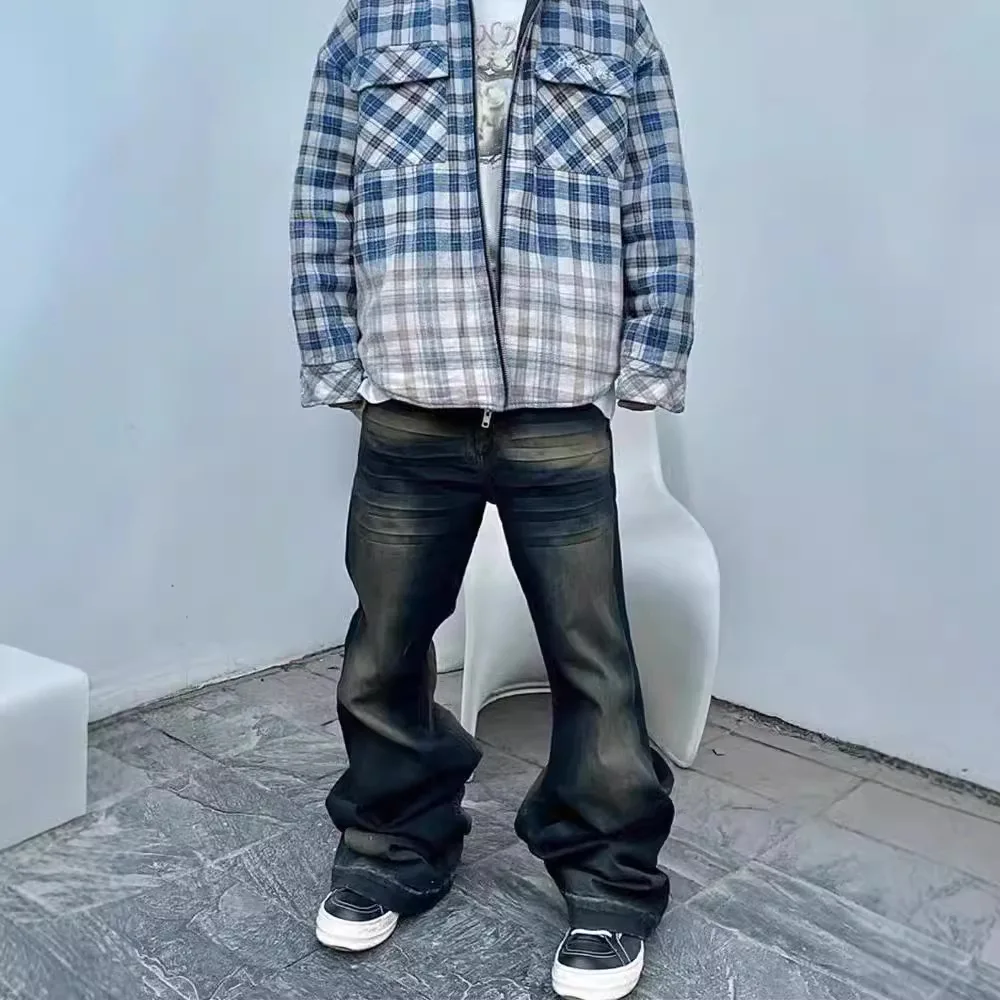 هاي ستريت RO جان السراويل الرجالية خمر التدرج الأزرق البني غسلها البوق واسعة الساقين تبدو سليم ممسحة الطابق التجاعيد الدنيم بانت