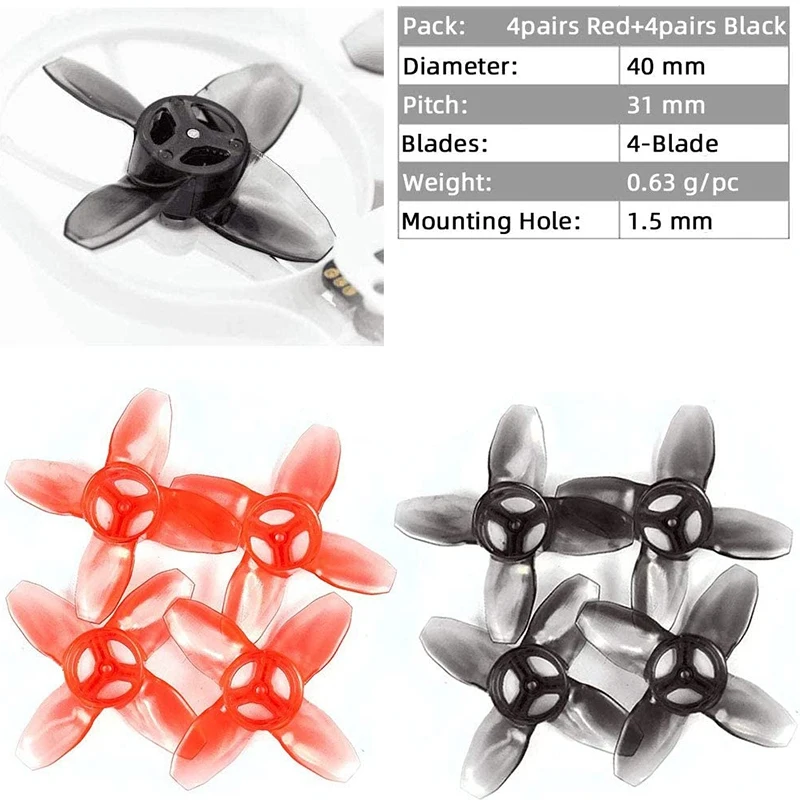 16Pcs For EMAX Avan Tinyhawk TH Turtlemode Propeller 40Mm 4-Blade 1.5Mm Hole,For 0802 Motor Indoor FPV Racing Drone