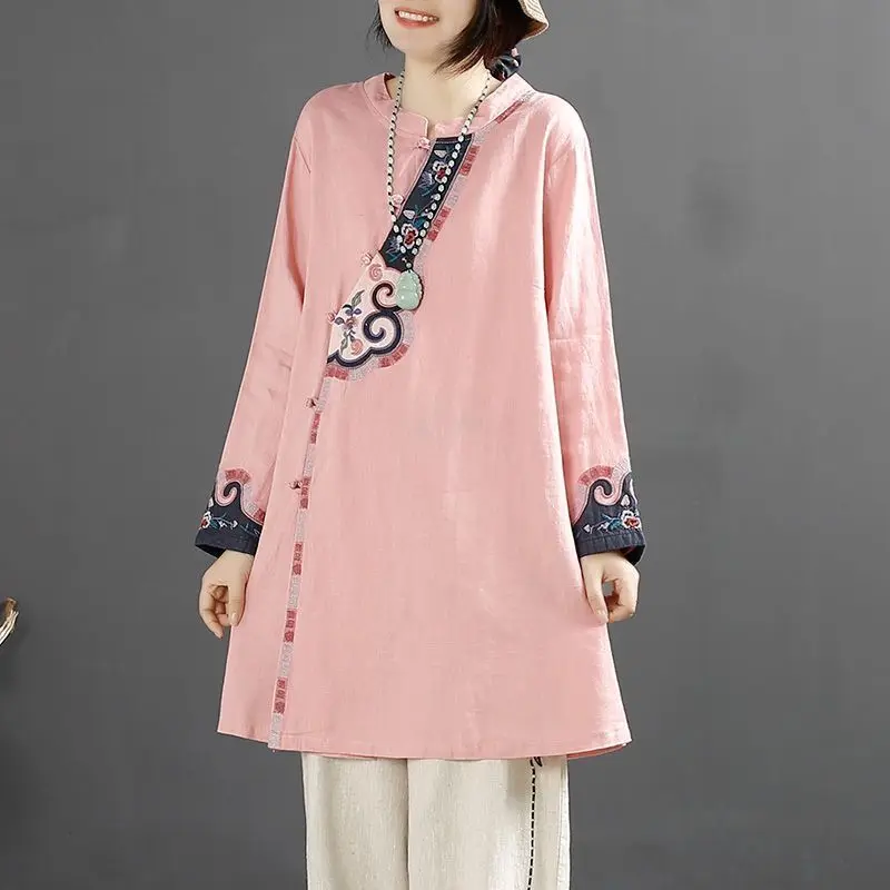 

Retro Chinese Style Top for Women's Cotton Linen Buckle Embroidered Shirt Loose Stand-up Collar Mid-length Chinese Style Top