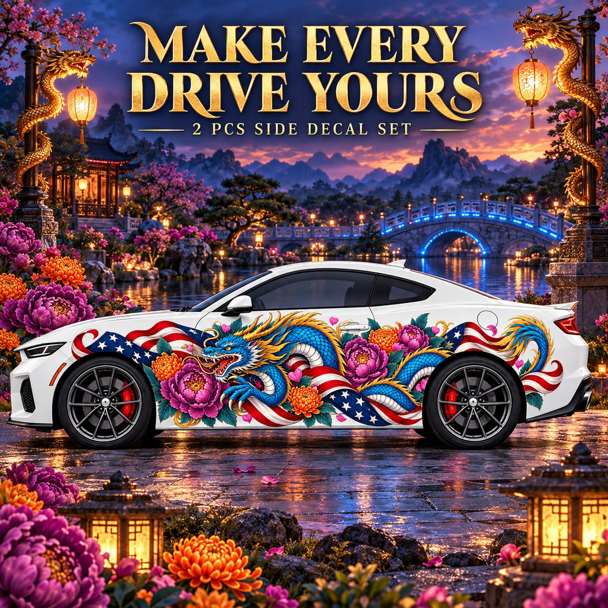 2 PCS American Flag Azure Dragon Peony Car Side Decals, Die-Cut Vinyl Sticker Set