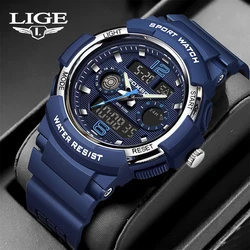 LIGE Fashion Digital Watch Fashion LED Luminous Dual Display Calendar Men Watches Waterproof Chronograph Man Watch Sport Clock