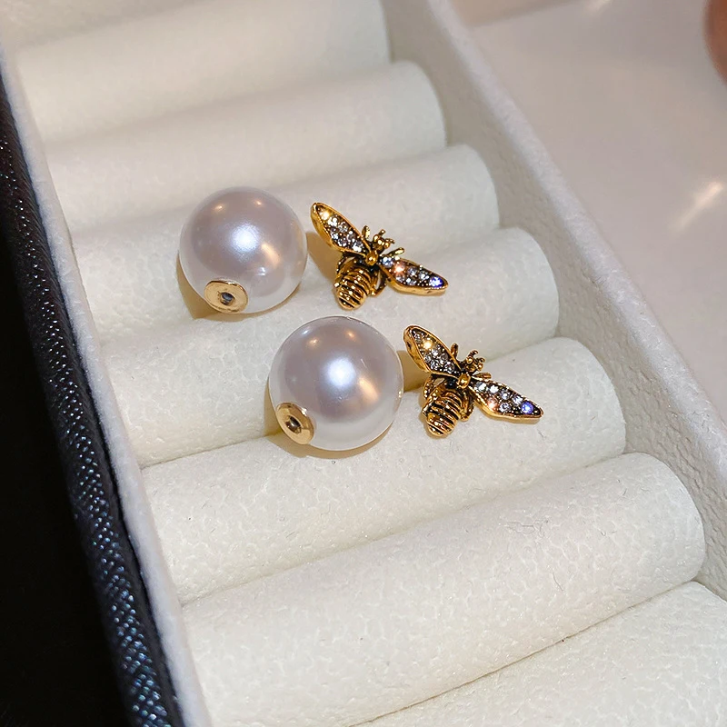 New Arrival Stud Earrings Fashion Animal Metal Women Trendy Bees Pearl Double-sided Two-wear Earrings Light Luxury Jewelry