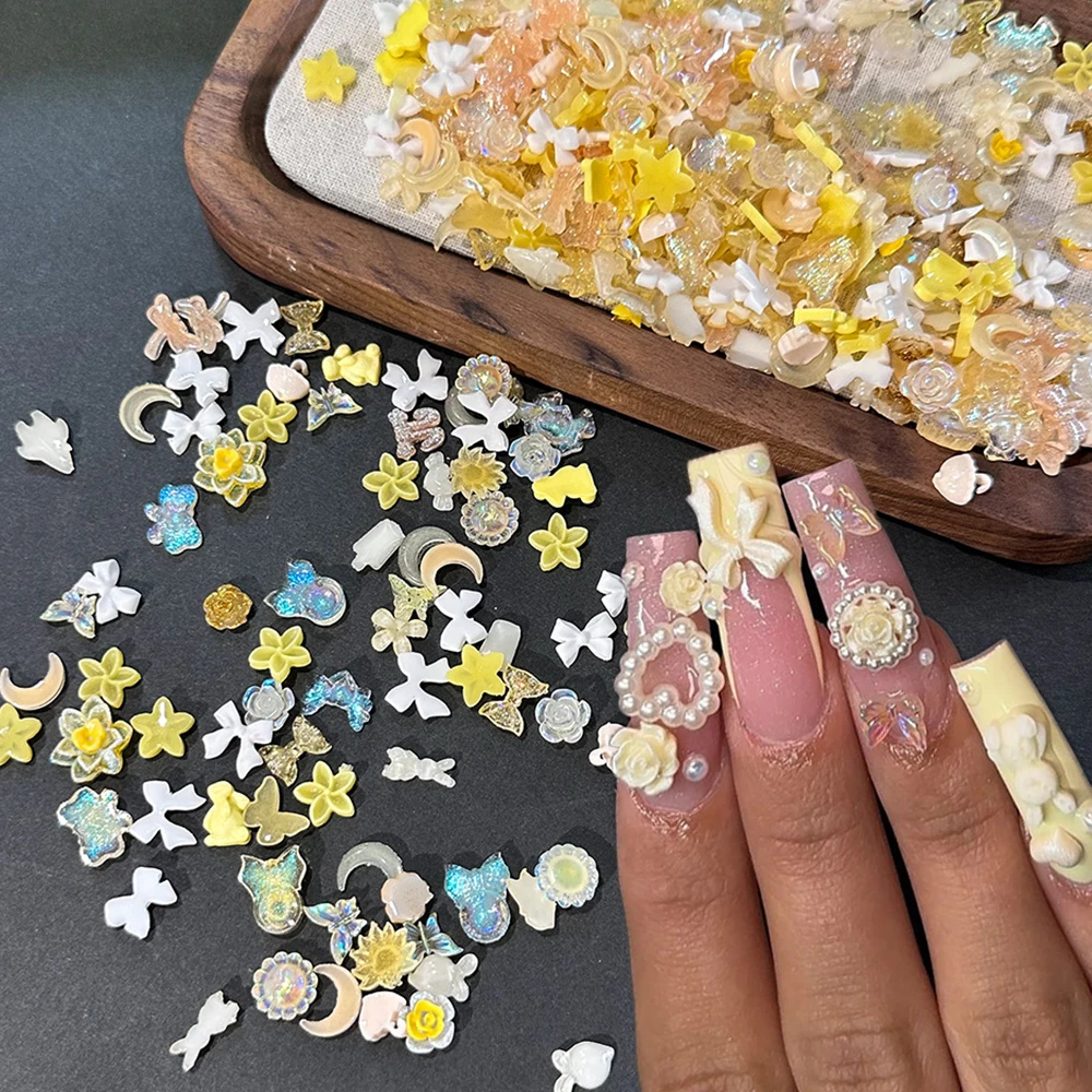 

50g(500-600pcs) 3D Mix Yellow Bow Flower Nail Charms Multi-Shape Heart/Butterfly/Moon/Bunny Resin FlatBack Rhinestone Nail Decor