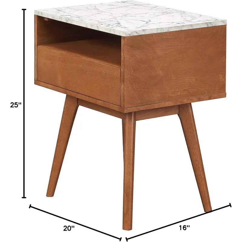 Set of 2 James Mid-Century Rectangle Accent Side or End Table Walnut Finish Wood and Faux Marble Top with Nightstand