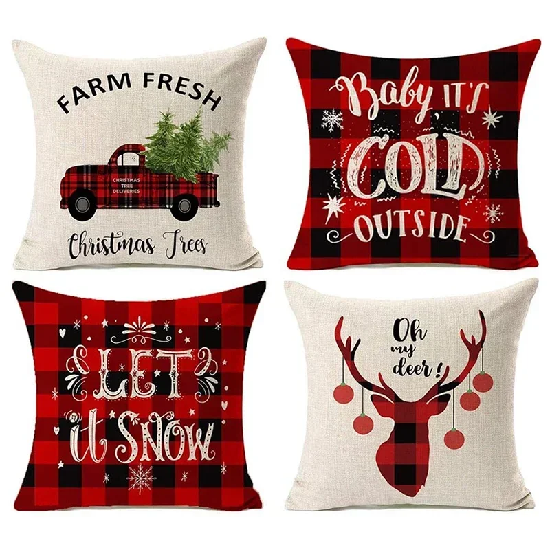 Christmas Pillow Covers Christmas Buffalo Plaid Farmhouse Throw Pillow Cases Retro Truck Cushion Cover Natale Home Decoration