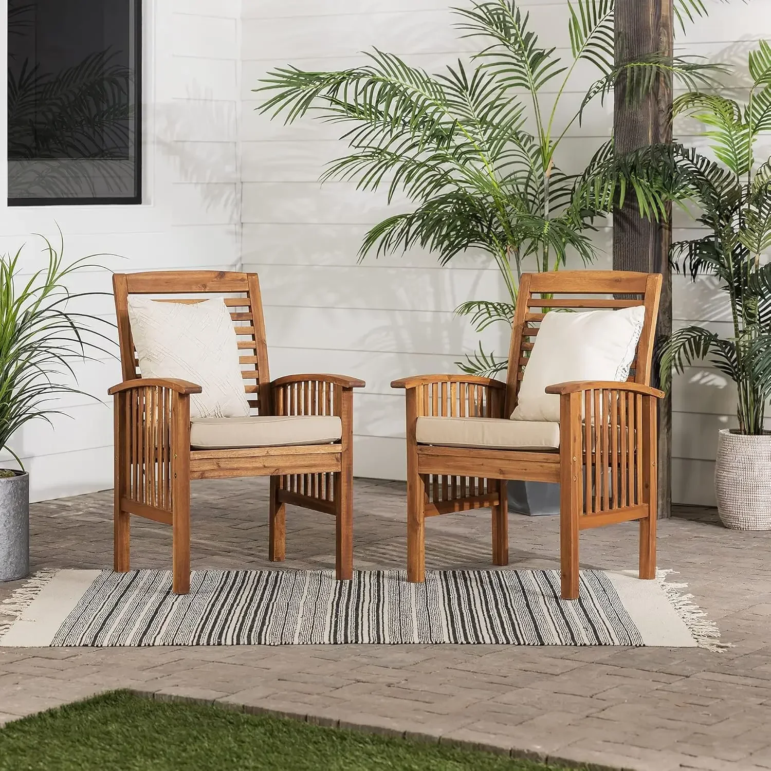 Edison Rendezvous Modern 2 Piece Solid Acacia Wood Slat Back Outdoor Dining Chairs, Set of 2, Brown