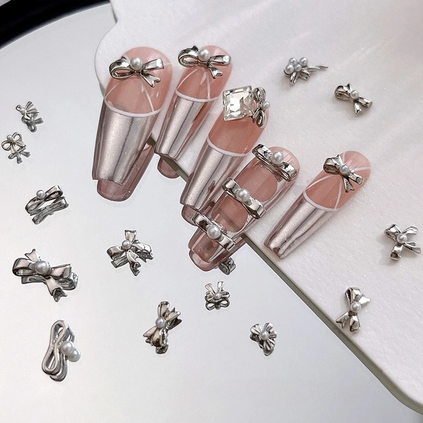 

Cute Silver Bowknot Pearl Ribbon Rhinestone Delicate Bow Tie Golden Metal Alloy Nail Art Decorations Charms Manicure Accessories