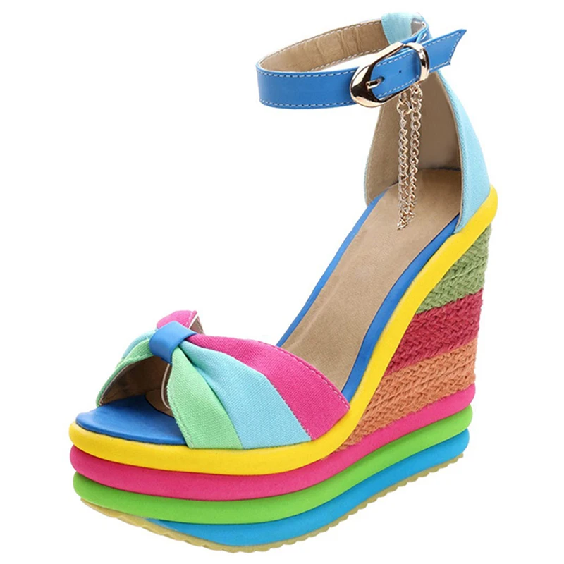 New Summer Sexy Bohemia Rainbow Peep Toe Platform Sandals For Womens Ladies Blue Denim Wedges Sandal