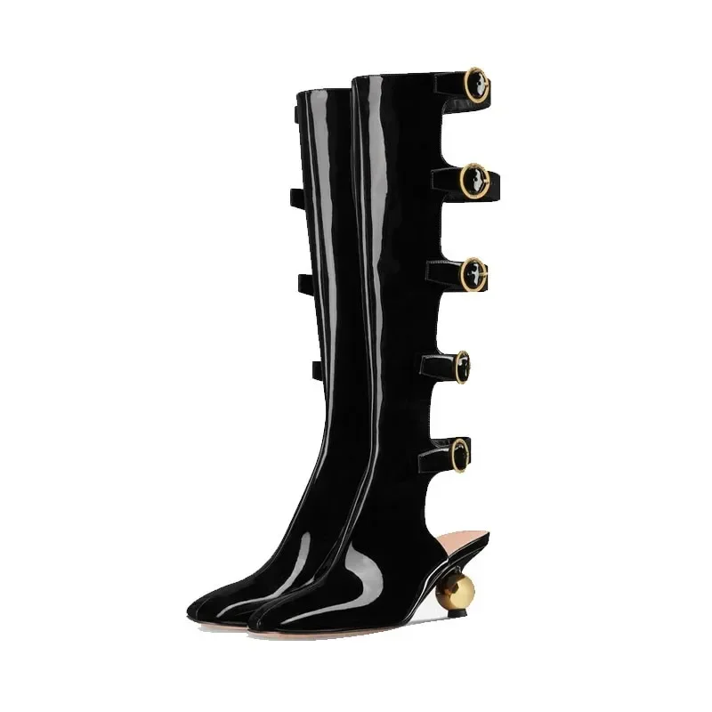 Knight Style Square Toe Patent Leather Boots with Empty Low Heels, Round Heels, High Boots, Belt Buckle Shoes for Women