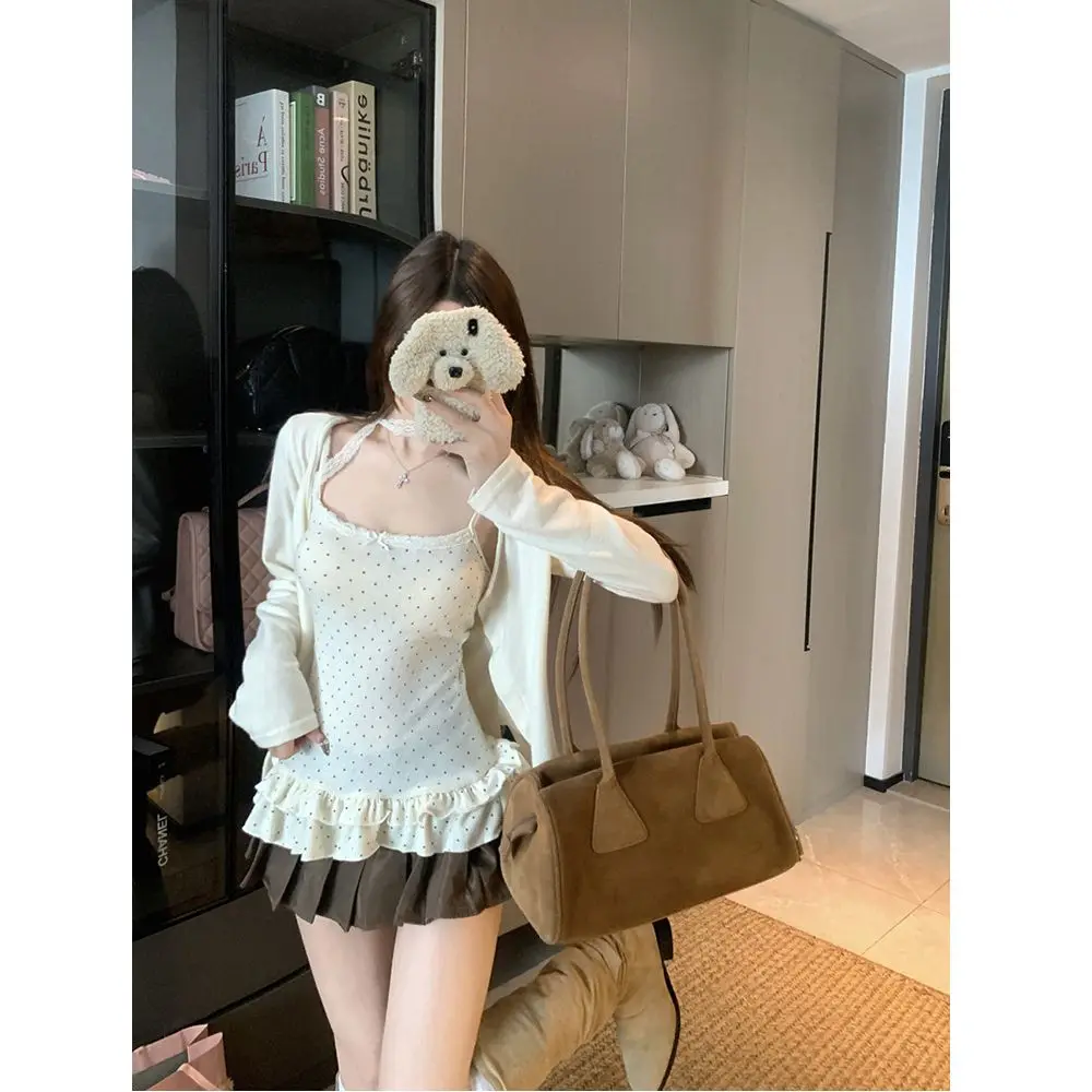 

2025 Autumn New Design Polka Dot Ruffle Sleeveless Top And Long Sleeve Cardigan Women's Fashion Set Casual Style Korean Version