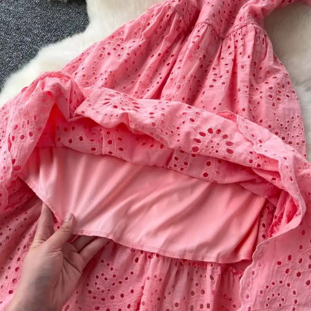 Elegant vintage Chic Embroidery cut out ruffle Dress A-line Casual Sleeve Spring Summer Vacation sweet dresses