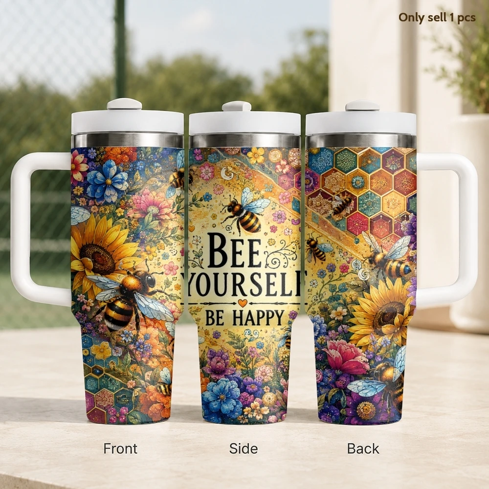 Sunflower Bee Vacuum Flasks 40oz Stainless Steel Insulated Tumbler with Handle Straw Leakproof Cup Daily Travel Mug