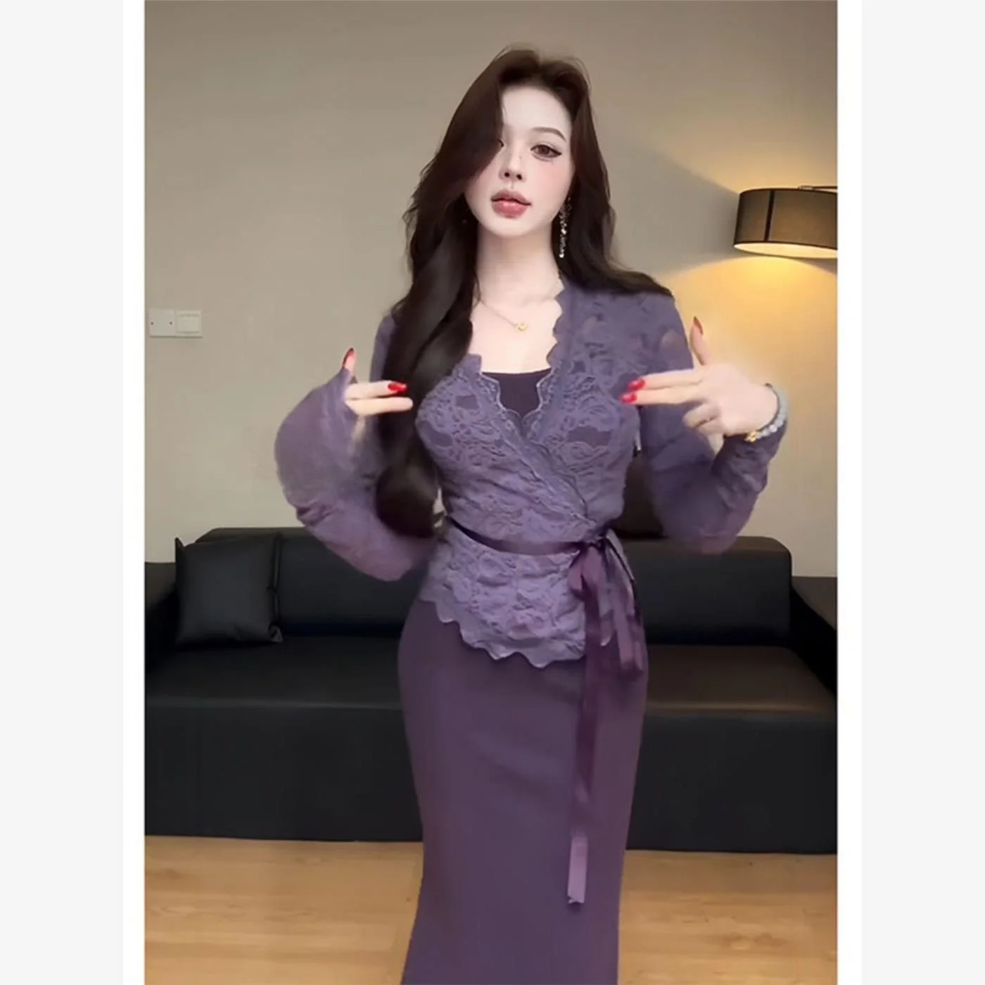 エレ パープル レース オープン カーディガン Vネック レディース ツーピースセット ロングスリーブ ロングドレス ノットラップスカート付き