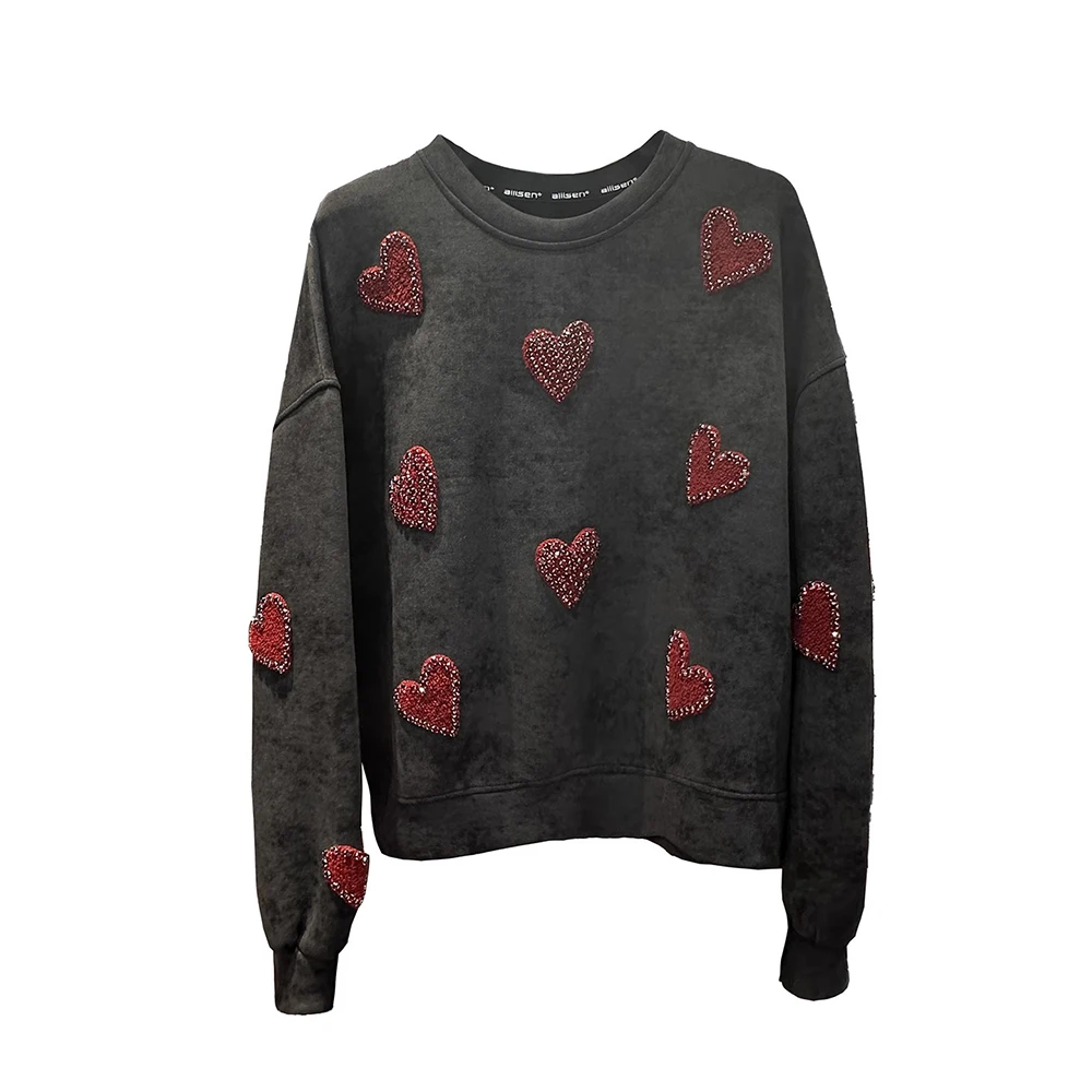 حجم كبير ربيع الخريف جودة عالية يتدفقون الماس القلب جولة الرقبة قصيرة البلوز المرأة فضفاضة عارضة تنوعا أعلى #1