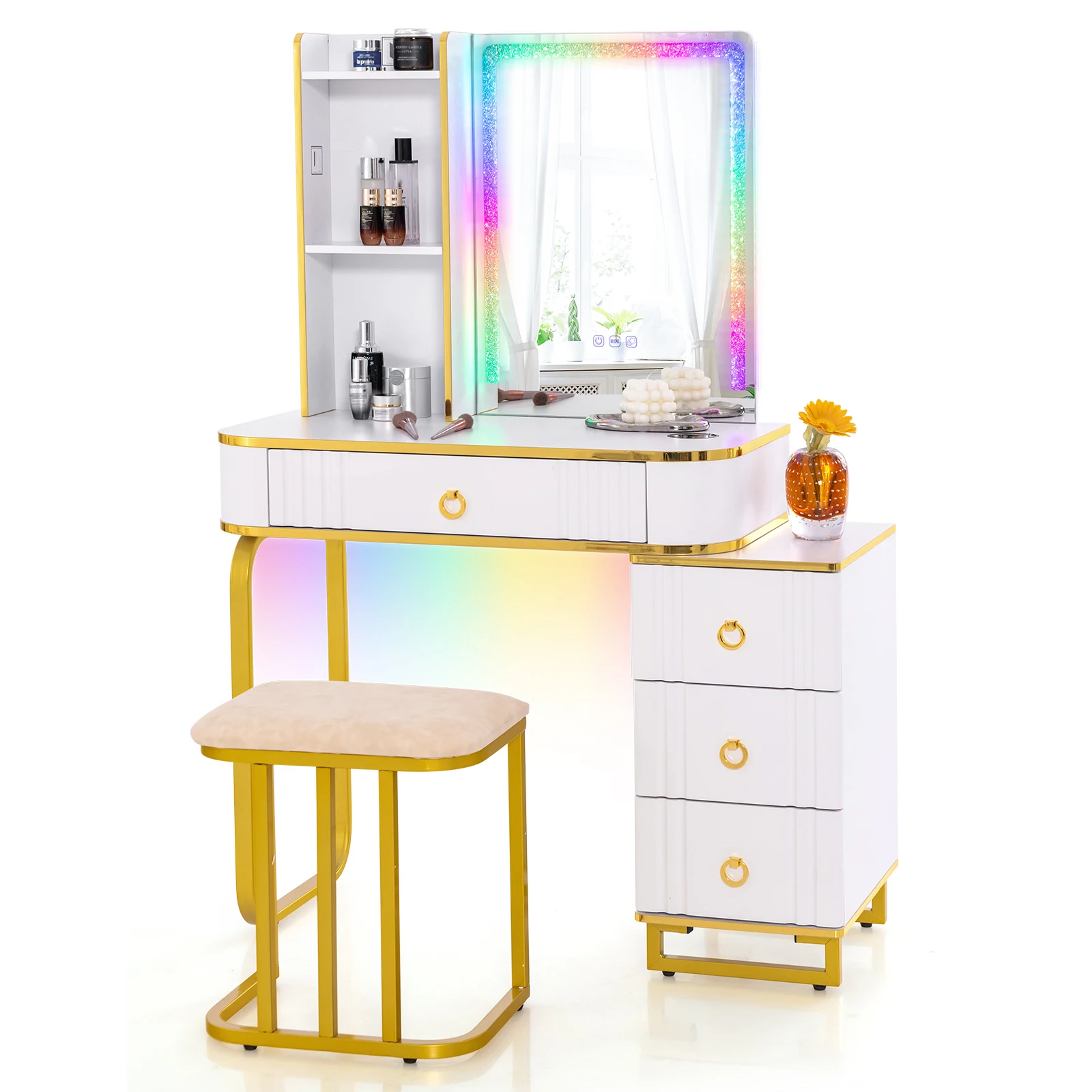 Vanity Table Set with RGB LED Lights Crystal Crush Diamond Mirror Drawers White