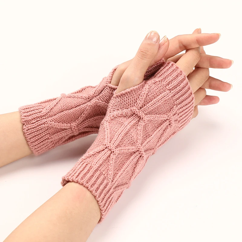 

Autumn Winter Rhomboid Knitted Half Finger Arm Cover Arm Sleeves Warmers Women Windproof Cycling Wrist Gloves Decorative Sleeves